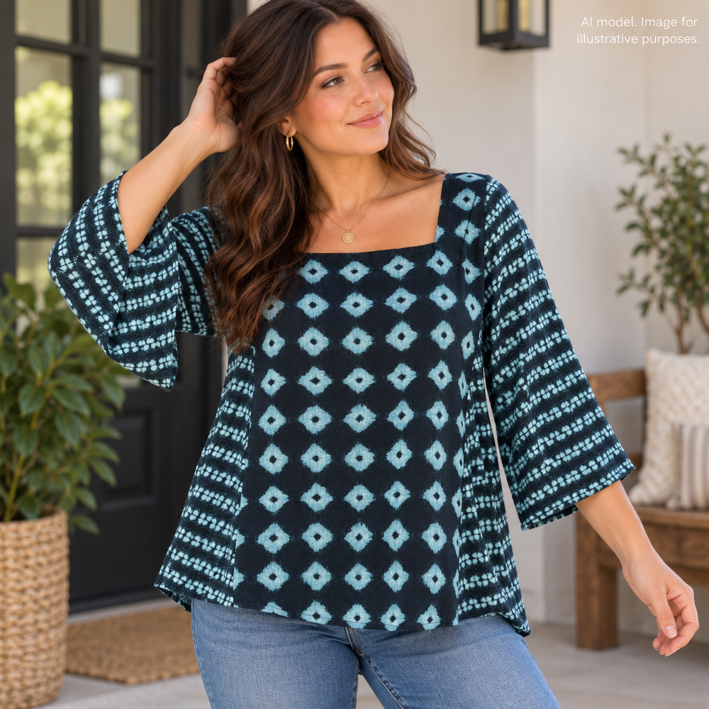 J Jill Shirt Womens Small Blue Tencel Square Neck Contrast Geometric Boho Hygge